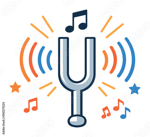 Tuning fork generating sound waves and musical notes, representing pitch, instrument tuning, melody, and acoustic science concept