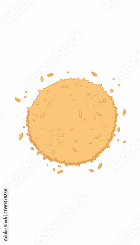 Illustration of a single golden-brown, crispy fried snack with a round shape and sprinkling of sesame seeds on a white background