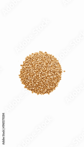 Close-up Image of Golden Quinoa Seeds Piled in a Small Mound on a Clean White Background Highlighting Texture and Color