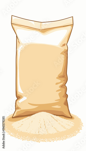 Illustration of a Large Unbranded Sack of Flour with Spilled Granules on White Background Portraying Culinary and Baking Essentials