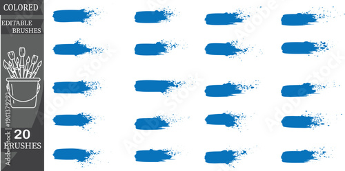 Blue paint brushes, colored artistic brushes, 20 watercolor brushstrokes, digital art supplies