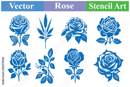 Set of Blue Rose Vector Stencil Art Isolated on Black Background, Floral Design Collection