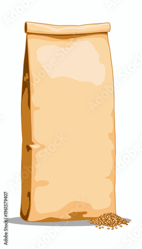 Large Brown Paper Bag for Storing or Packaging Bulk Items with Small Quantity of Spilled Grain on White Background