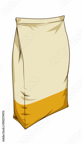 Plain Beige and Yellow Bag of Powdered Product with Creased Packaging on White Background Illustration