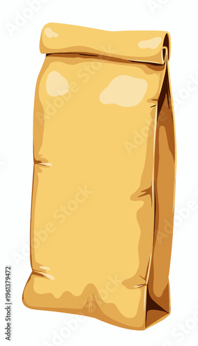 Illustration of a Plain Brown Paper Bag with Folded Top and Seamless Design on White Background