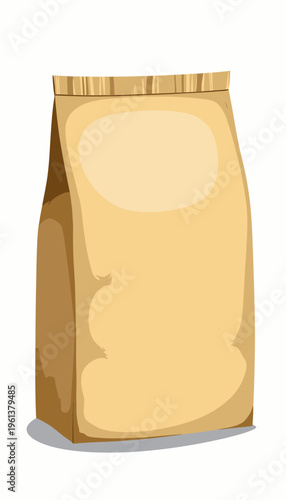 Illustration of a Generic Brown Paper Bag with a Flat Base and Folded Top, Used for Packaging or Carrying Various Goods, Set Against a Plain White Background