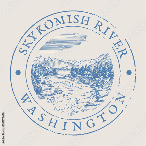 Skykomish River Postage Stamp Featuring The Scenic Mountains And Evergreen Forest Wilderness.