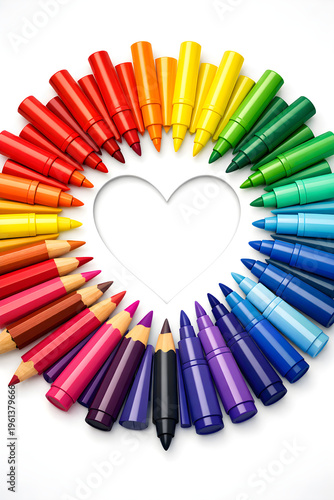 Bright crayons and colored pencils form a heart shape