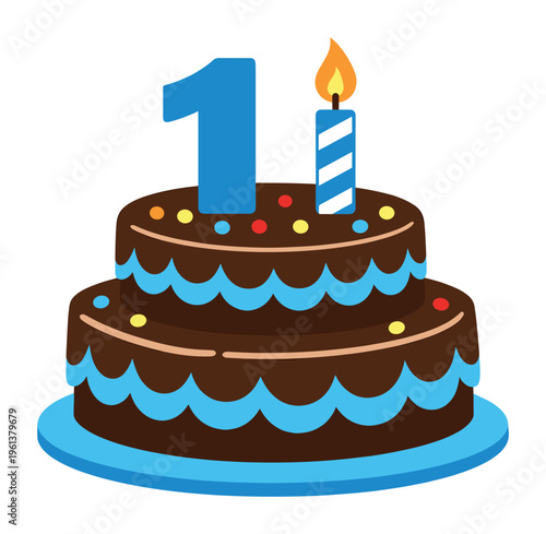 Two-tiered chocolate birthday cake with blue frosting, colorful sprinkles, a number one candle, and a lit striped candle, symbolizing a first anniversary