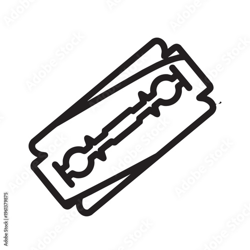 A clear outline illustration of a razor blade on a white background.