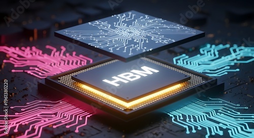 High Bandwidth Memory HBM Chip Concept for Advanced Artificial Intelligence Computing Hardware, Futuristic Microprocessor Architecture with Glowing Circuitry Lines for Modern Semiconductor