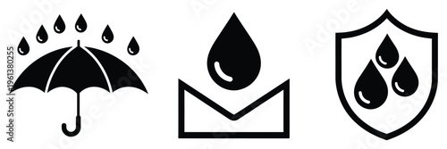 Waterproof water-resistant icon set, symbols representing water protection, liquid-repellent surfaces, rainproof and splash-proof features, durability and outdoor gear concept, minimal flat design, 