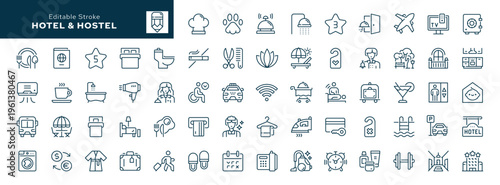 Hotel. Set of outline icons. Hostel, apartment, reception, hotel maid, bell boy, room and more. Line icon in linear style. Vector collection	