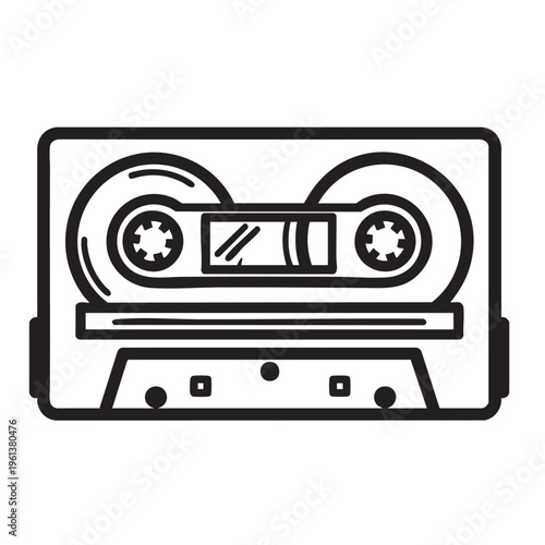 A black and white illustration of a retro cassette tape on a plain background