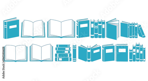 Collection of various book illustrations in different orientations and arrangements books library education learning reading knowledge literature novel novels textbook