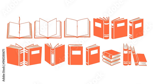 Collection of orange book illustrations in various orientations and styles books illustration education learning library reading novel novels textbook textbooks