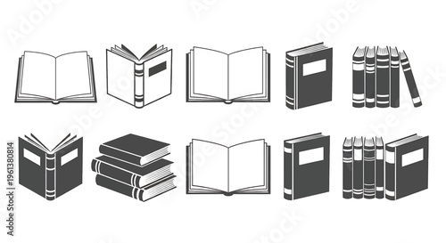 A collection of various book icons in different orientations and arrangements books stack stacked open closed icon illustration line art