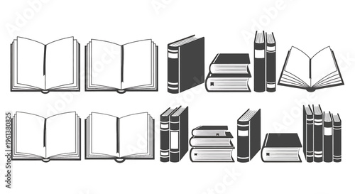 Collection of various book illustrations in black and white books open stacked stack pile reading education learning library literature novel