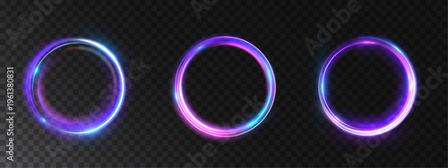 Set of glowing neon circles with blue and purple gradients. Luminous ring frames with soft light effects, ideal for futuristic UI, overlays, and modern digital design elements.
