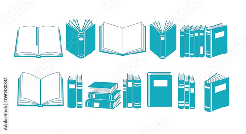 Collection of various book illustrations in different states of opening and stacking books library education learning reading open closed stack