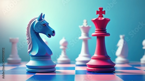 An artistic close-up of a blue knight and a red king chess piece on a vibrant chessboard.