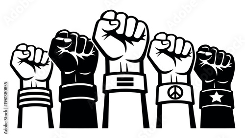 Five raised fists in diverse skin tones with symbolic armbands, representing strength, solidarity, and collective action for social change