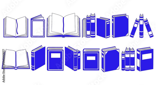 Collection of various blue book illustrations in different orientations and states books open closed stacked education learning library reading textbooks