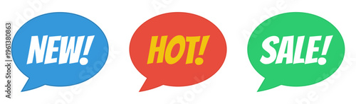 Colorful speech bubbles with new, hot and sale.text for retail marketing and promotional advertising in blue, red and green