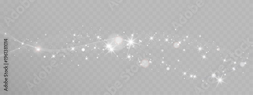 Elegant white sparkling wave with glowing stars and fine light lines on transparent background. Soft glitter particles form a flowing ribbon, ideal for festive, magical, and decorative designs.
