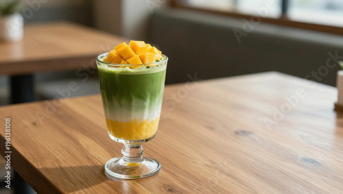Mango Matcha Latte in Decorative Glass – Spring Café Banner