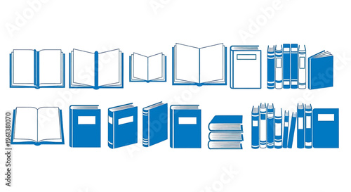 Collection of various book illustrations in blue on white background books illustration education learning library reading novel novels textbook textbooks