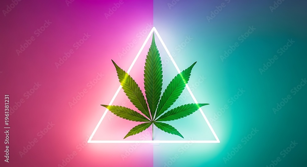 Obraz premium Cannabis leaf inside a glowing triangle, set against a two-tone, neon pink and teal backdrop