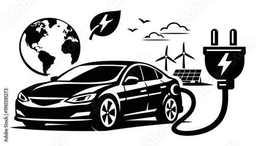 Electric vehicle charging connected by a large plug to a power source, with wind turbines, solar panels, and Earth in the background