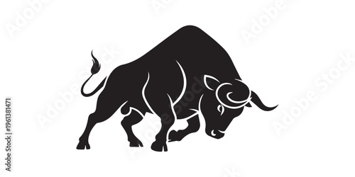 Powerful black bull silhouette charging forward on white background.A striking silhouette of a bull standing in profile against.A dynamic, stylized silhouette 