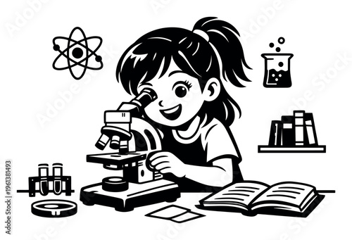 Young girl enthusiastically using a microscope, exploring scientific concepts in a lab, surrounded by books and beakers