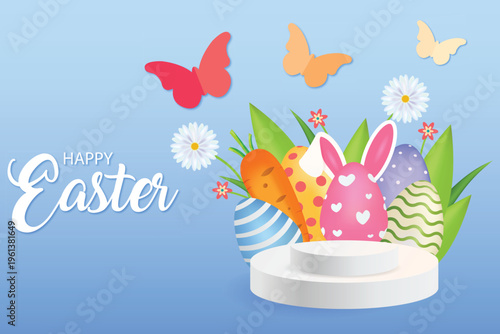 Happy Easter Celebration with Decorative Eggs and Spring Elements
