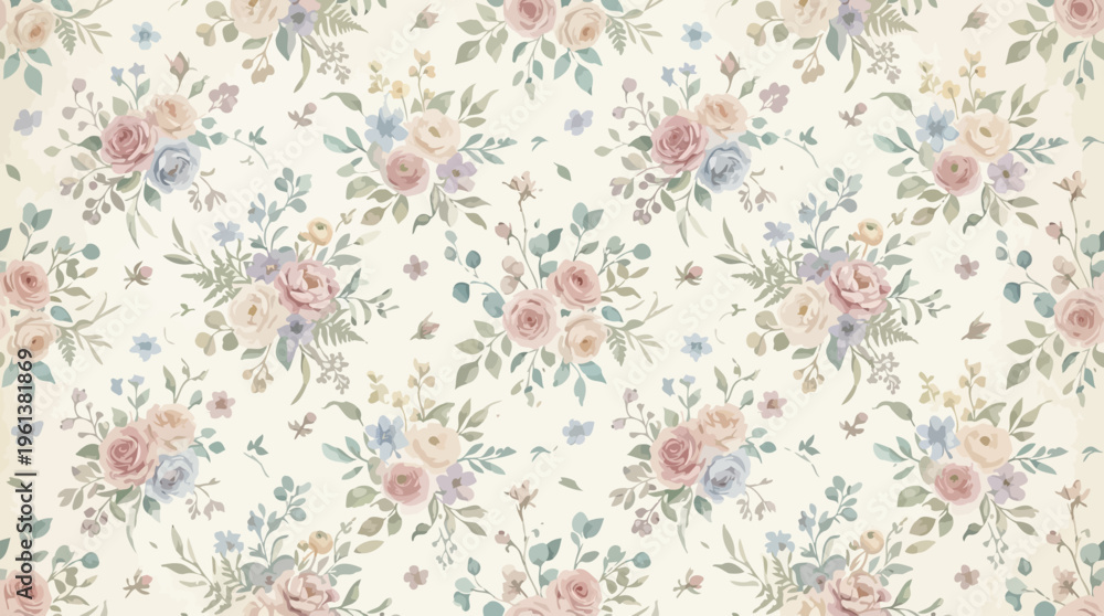Fototapeta premium Pastel ditsy floral wallpaper pattern with tiny blossoms and delicate leaves.