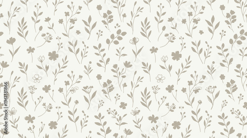 Seamless botanical leaf pattern in neutral gray on beige background for textiles and wallpaper.