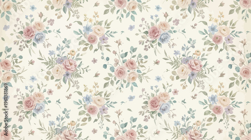 Pastel ditsy floral wallpaper pattern with tiny blossoms and delicate leaves.