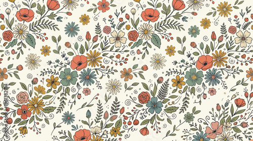 Colorful floral pattern featuring blossoms, petals, and leafy foliage for textiles and wallpapers.
