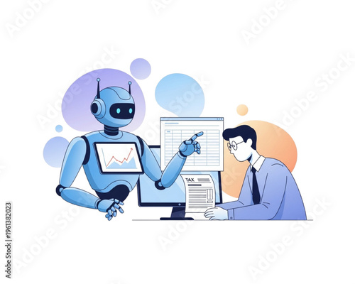 AI robot assistant helping businessman with financial tax audit and spreadsheet analysis, automated accounting vector illustration representing fintech collaboration and smart corporate support.