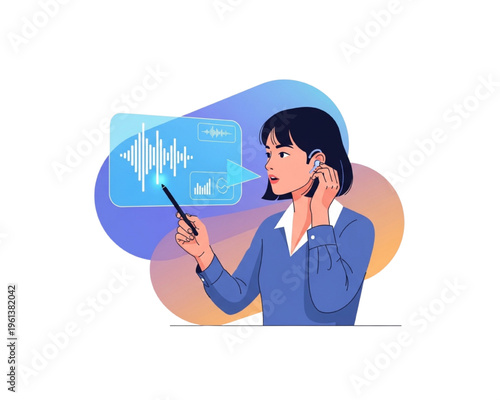 Woman utilizing voice recognition AI interface, analyzing digital sound waves with stylus and wireless earbud, futuristic audio technology and speech analysis vector illustration concept.