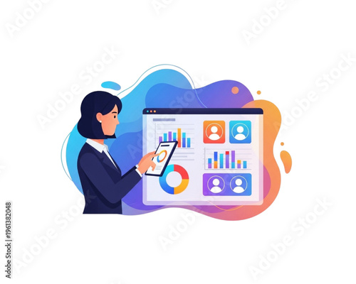 Businesswoman analyzing customer data dashboard on smartphone and monitor, digital marketing analytics, user profile metrics, performance reporting, business intelligence illustration