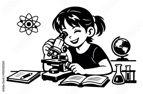 Happy girl student exploring science and biology, analyzing samples with a microscope in a classroom or lab setting