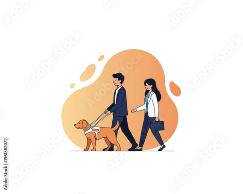 Businessman walking with visually impaired woman and guide dog, accessibility support, disability inclusion, assistance partnership, urban mobility, social care awareness, flat vector illustration