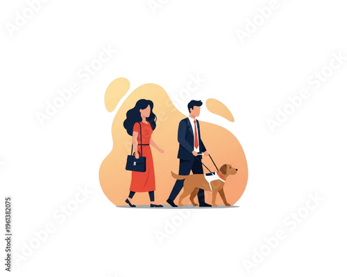 Blind business man walking with guide dog assistance and female colleague vector illustration depicting workplace accessibility, disability inclusion, blind independence and corporate support concept.