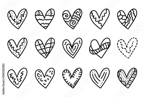 Collection of 14 unique hand drawn hearts with various patterns and designs