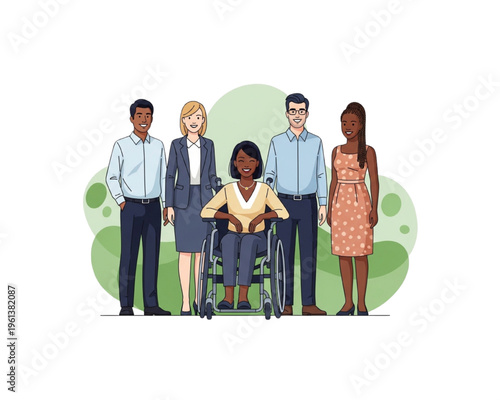 Diverse inclusive business team vector illustration featuring happy multiethnic colleagues and professional woman in wheelchair representing workplace equality, accessibility and disability support.