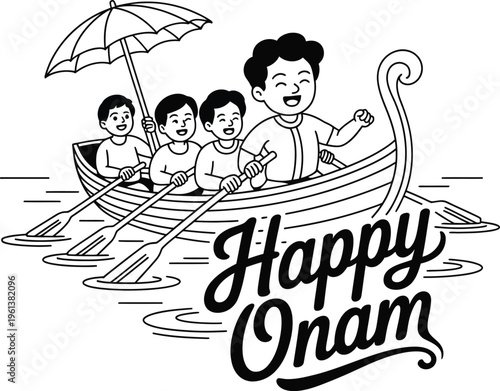 Happy Onam Boat Race Cartoon Typography Festive Kerala Design