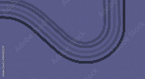 Abstract dark blue background with curved parallel lines made of black halftone dots smooth flowing ribbon effect.
